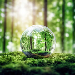 The crystal ball lies on in the forest, the reflection of the forest. concept and theme of nature, environmental protection. Earth Day. Generative AI