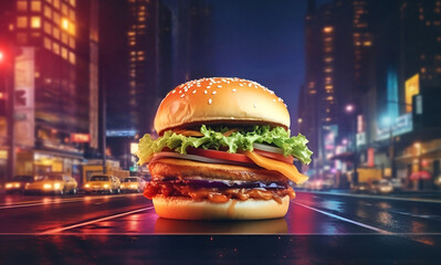 Burger isolated on highway night view generative ai