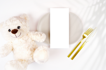 4x9 Menu table setting mockup. Baby shower 1st birthday christening gender neutral. Styled setting with teddy bear against a boho Scandi white background. Fern Shadow photography.