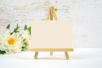 Table number easel with 5x7 card mockup. Horizontal. Wedding, baby shower, birthday, mother's day designers product mockup. Shabby chic, modern farmhouse styling.