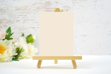 Table number easel with 5x7 card mockup. Vertical. Wedding, baby shower, birthday, mother's day designers product mockup. Shabby chic, modern farmhouse styling.