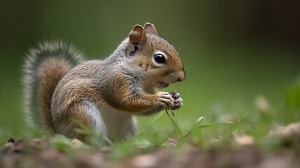 Obraz premium Baby Squirrel's First Nut Hunt in a Suburban Park