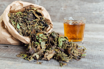 Green tea on a wooden background. High quality photo