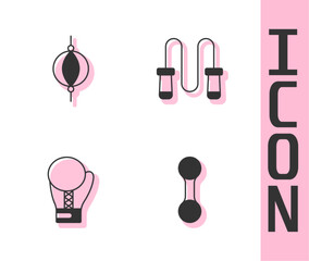 Set Dumbbell, Punching bag, Boxing glove and Jump rope icon. Vector