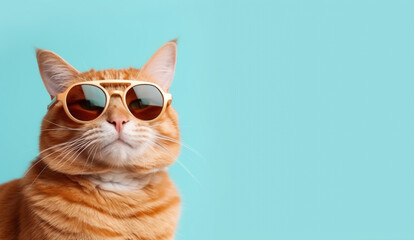 portrait of a ginger cat with sunglasses blue background generative ai - obrazy, fototapety, plakaty