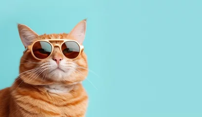 Foto op Plexiglas portrait of a ginger cat with sunglasses blue background generative ai © Mizan
