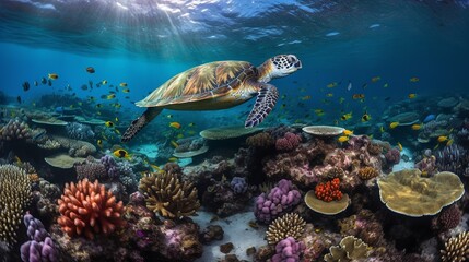 Sea Turtle Gliding Through the Great Barrier Reef
