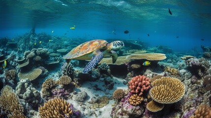 Fototapeta na wymiar Sea Turtle Gliding Through the Great Barrier Reef