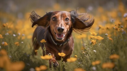 Playful Dachshund's Romp in a Field of Daisies