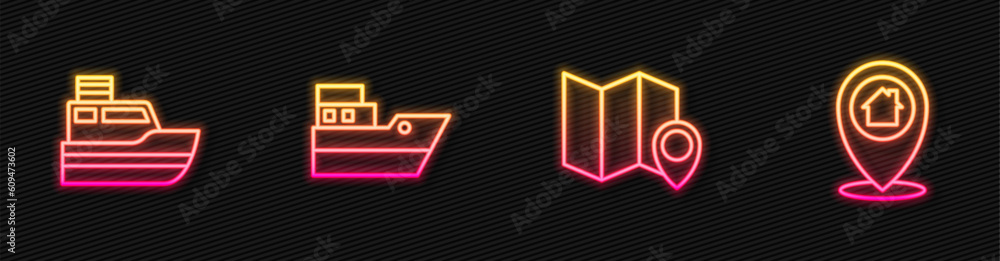 Poster set line folded map with location marker, ship line path, and location house. glowing neon icon. vec