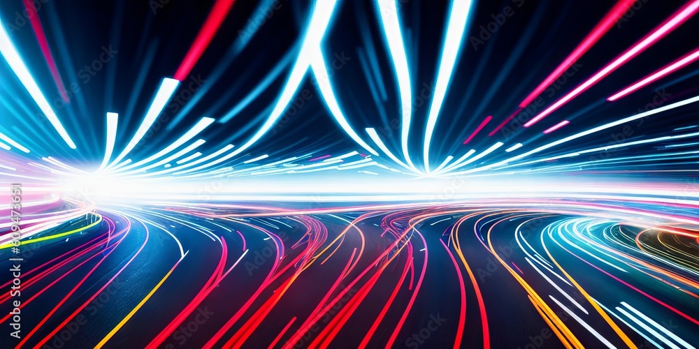 Poster city street with binary code numbers on motion blurred asphalt road, speed and faster digital matrix