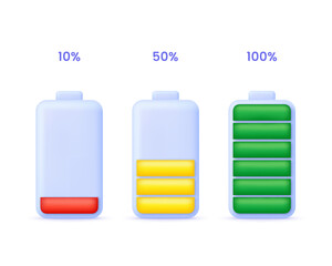 3D Battery charge indicator. Battery charge from low to high. Discharged and charged battery.