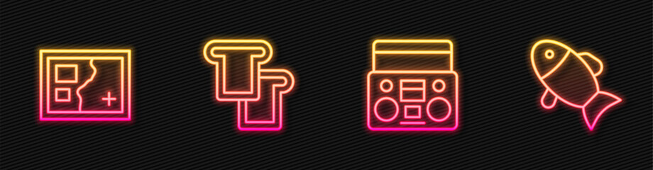 Set line Home stereo with two speakers, Folded map, Bread toast and Fish. Glowing neon icon. Vector