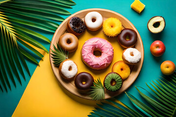 a tropical paradise-themed arrangement of donuts, with exotic fruit flavors, coconut shavings, and palm leaves, set against a sunny yellow background