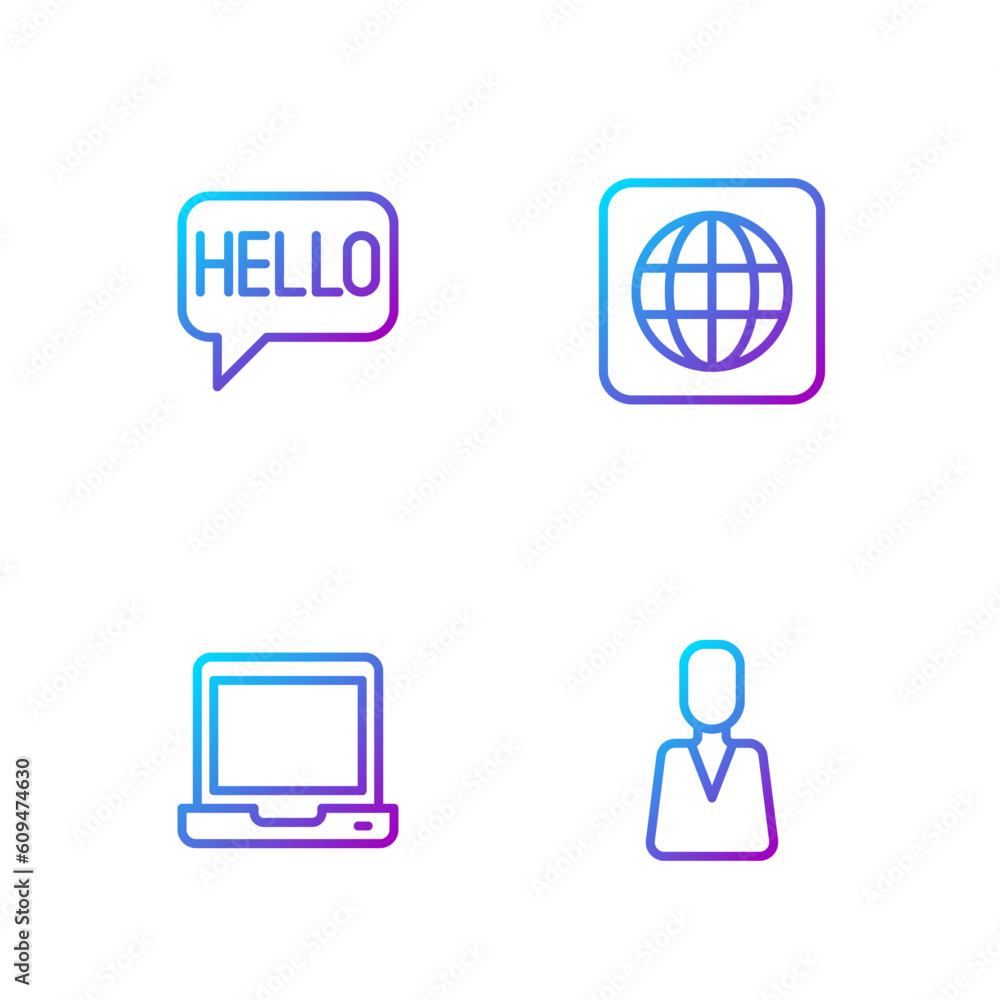 Poster set line employee, laptop, hello in different languages and worldwide. gradient color icons. vector