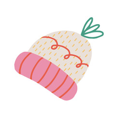 Hand drawn illustration of knitted hat. Winter clothing element in doodle style