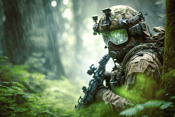 A soldier wearing a camouflage suit with a gun in hand forest in background generative ai