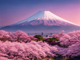 Cherry blossom field with fuji mountain, Generative AI Illustration.