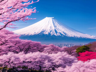 Fototapeta premium Cherry blossom field with fuji mountain, Generative AI Illustration.