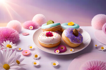 Obraz premium a dreamy scene of floating donuts adorned with edible flowers, sparkling glaze, and ethereal clouds, set against a soft purple background