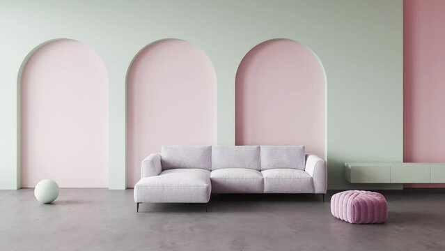 Frame by frame 3D animation interior pink trend  living room with arch door wall design, sofa, mint color wall, mint sideboard, pink pouf. Video illustration. Architecture arched wall niche 