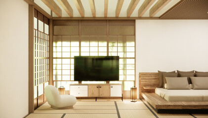 Japan style empty room decorated with wooden bed, white wall and wooden wall.