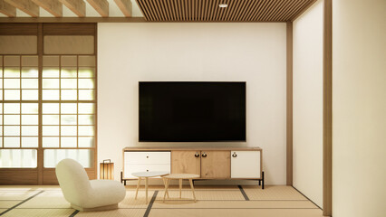 Modern japan style and decorated with tv cabinet on wall.