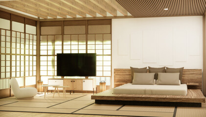 Japan style empty room decorated with wooden bed, white wall and wooden wall.