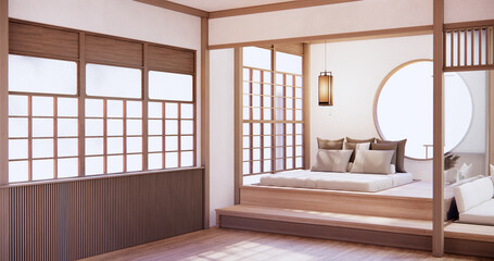 Japan style empty room decorated with wooden bed, white wall and wooden wall.