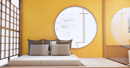 Japan style empty room decorated with wooden bed, white wall and wooden wall.