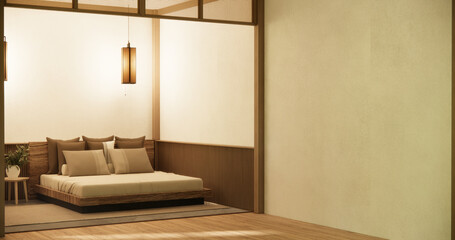 Japan style empty room decorated with wooden bed, white wall and wooden wall.