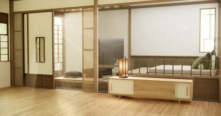Japan style empty room decorated with wooden bed, white wall and wooden wall.
