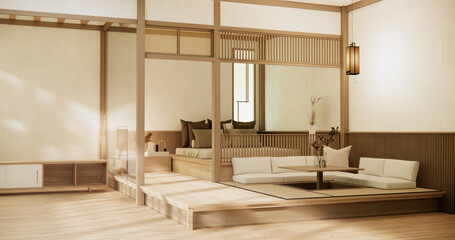Japan style empty room decorated with wooden bed, white wall and wooden wall.