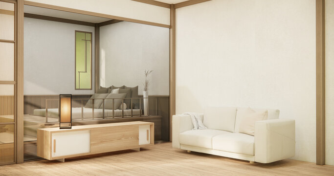 Minimalist japandi style living room decorated with sofa.3d rendering