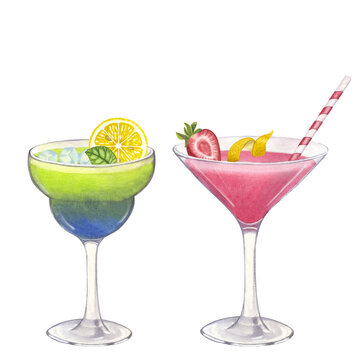 Cocktails pink green blue Daiquiri Cosmopolitan. Strawberry, lemon, ice, straw. Glass of juice or alcohol. Hand drawn watercolor illustration isolated on white background. For bar restaurant menu