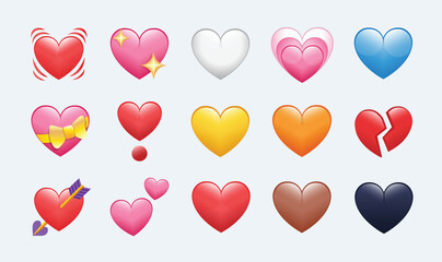 Iphone Whatsapp Heart Emojis set Isolated on White Background. Love symbol. red white yellow purple green blue black brown emoji. Valentine's day. love hearts collections