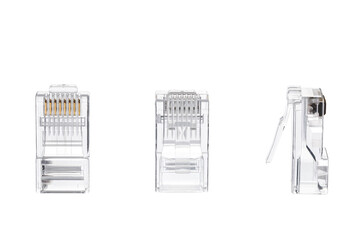 RJ45 connectors on a white background. Registered Jack. Ethernet LAN. Connect network. Close up.