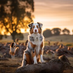 Naklejka na ściany i meble Loyal Australian Shepherd Keeping Watch over its Family
