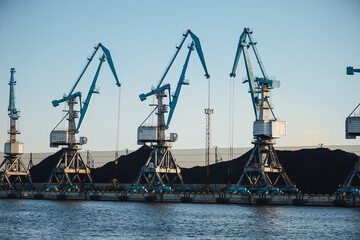 Larger cranes in the port, cranes load bulk materials. The work of cranes in the seaport
