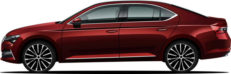 Vector Realistic 3d isolated Red sedan with gradients and shadow in side view