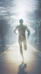 A silhouette of a man running on a road, enveloped in fog. Generative AI