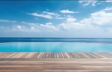 Obraz premium Wooden table top with tropical beach
