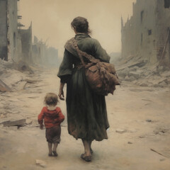 Mother and son fleeing from the war. Generative AI. - obrazy, fototapety, plakaty