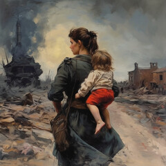 Mother and son fleeing from the war. Generative AI.