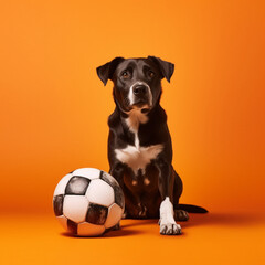 Dog with a soccer ball on an orange background. Generative AI.