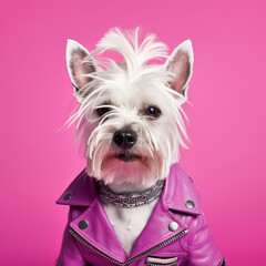 Punk dog on a pink background. Generative AI.