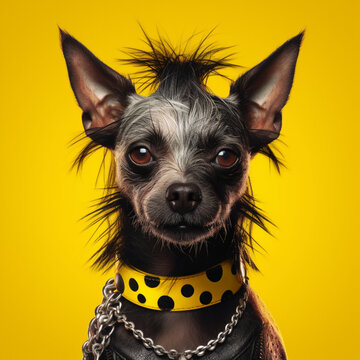 Punk dog on a yellow background. Generative AI.