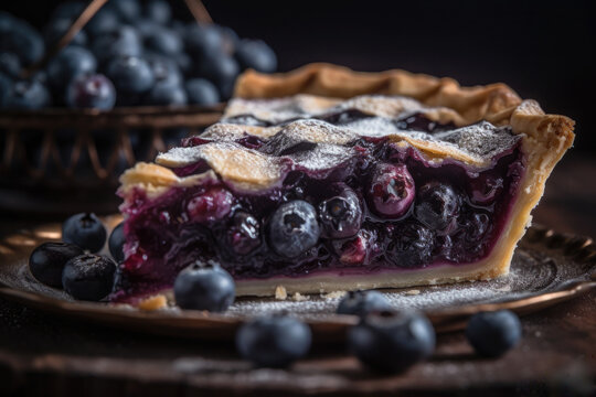 Sumptuous Homemade Blueberry Pie Slice closeup served on plate with blurred blueberries in background. AI Generated