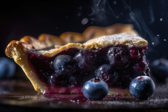 Luxurious Homemade Blueberry Pie Slice closeup with dark background. AI Generated