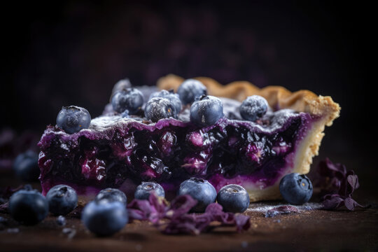 Sumptuous Homemade Blueberry Pie Slice closeup with dark background. AI Generated